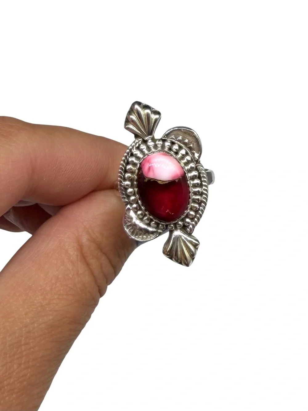 Kingman Red Rose Dahlia Turquoise Ring Adjustable Size 7 - 9 925 Sterling Silver